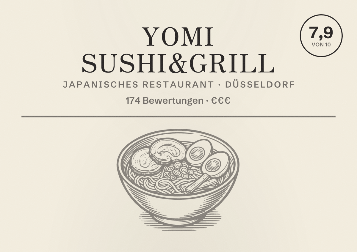 Illustriertes Poster von Yomi Sushi&Grill, Japanisches Restaurant in Düsseldorf: Bewertung 7,9 von 10 aus 174 Bewertungen, Preisniveau €€€