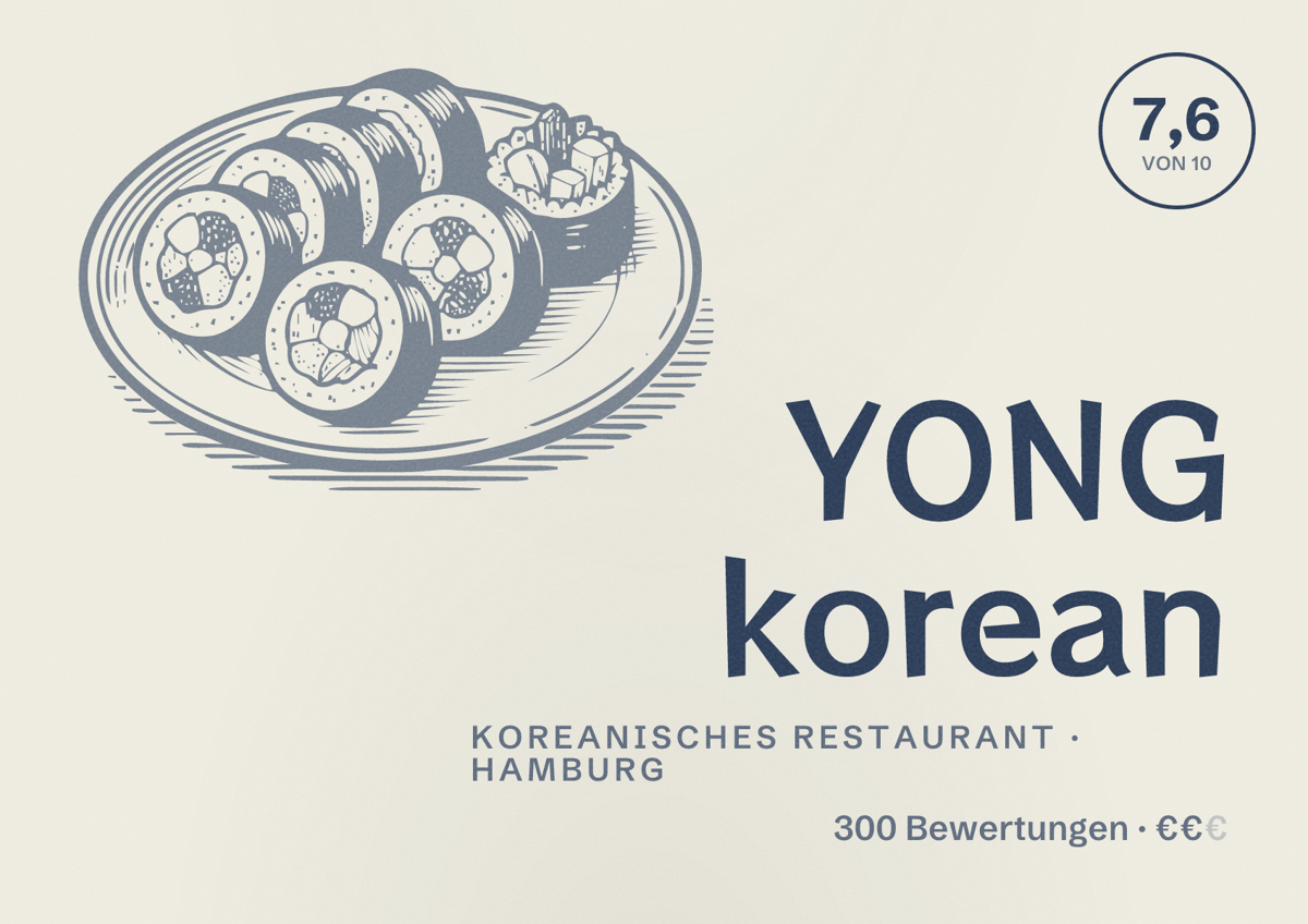Illustriertes Poster von YONG korean, Koreanisches Restaurant in Hamburg: Bewertung 7,6 von 10 aus 300 Bewertungen, Preisniveau €€