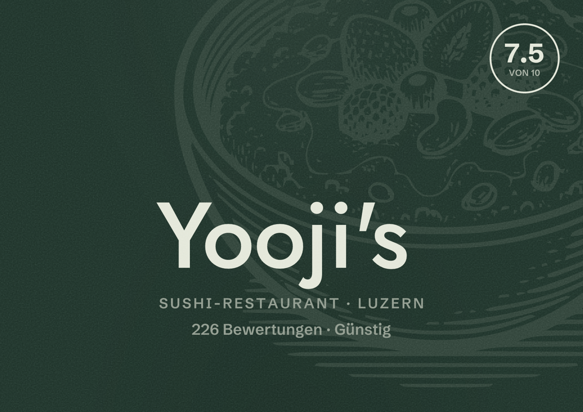 Illustriertes Poster von Yooji's, Sushi-Restaurant in Luzern: Bewertung 7.5 von 10 aus 226 Bewertungen, Preisniveau Günstig