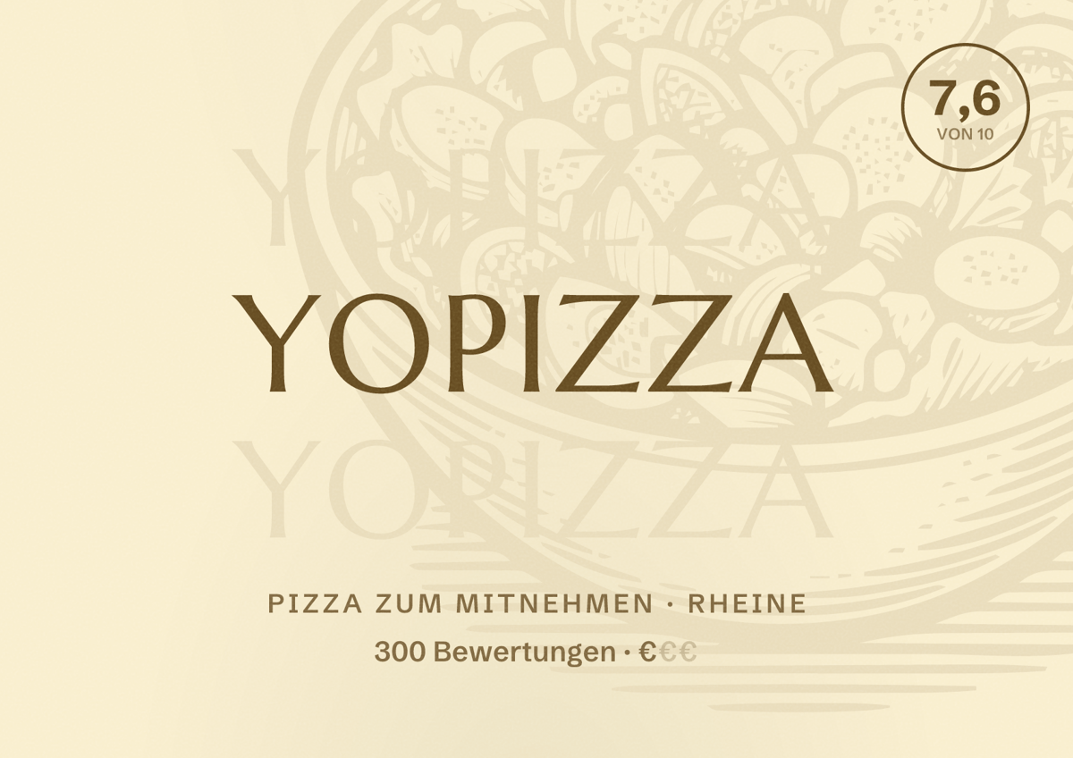 Illustriertes Poster von YoPizza, Pizza zum Mitnehmen in Rheine: Bewertung 7,6 von 10 aus 300 Bewertungen, Preisniveau €