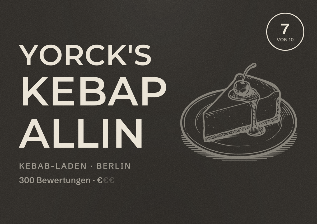 Illustriertes Poster von Yorck's Kebap Allin, Kebab-Laden in Berlin: Bewertung 7,0 von 10 aus 300 Bewertungen, Preisniveau €