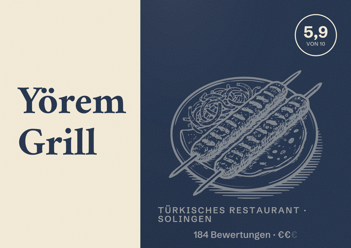 Illustriertes Poster von Yörem Grill, Türkisches Restaurant in Solingen: Bewertung 5,9 von 10 aus 184 Bewertungen, Preisniveau €€