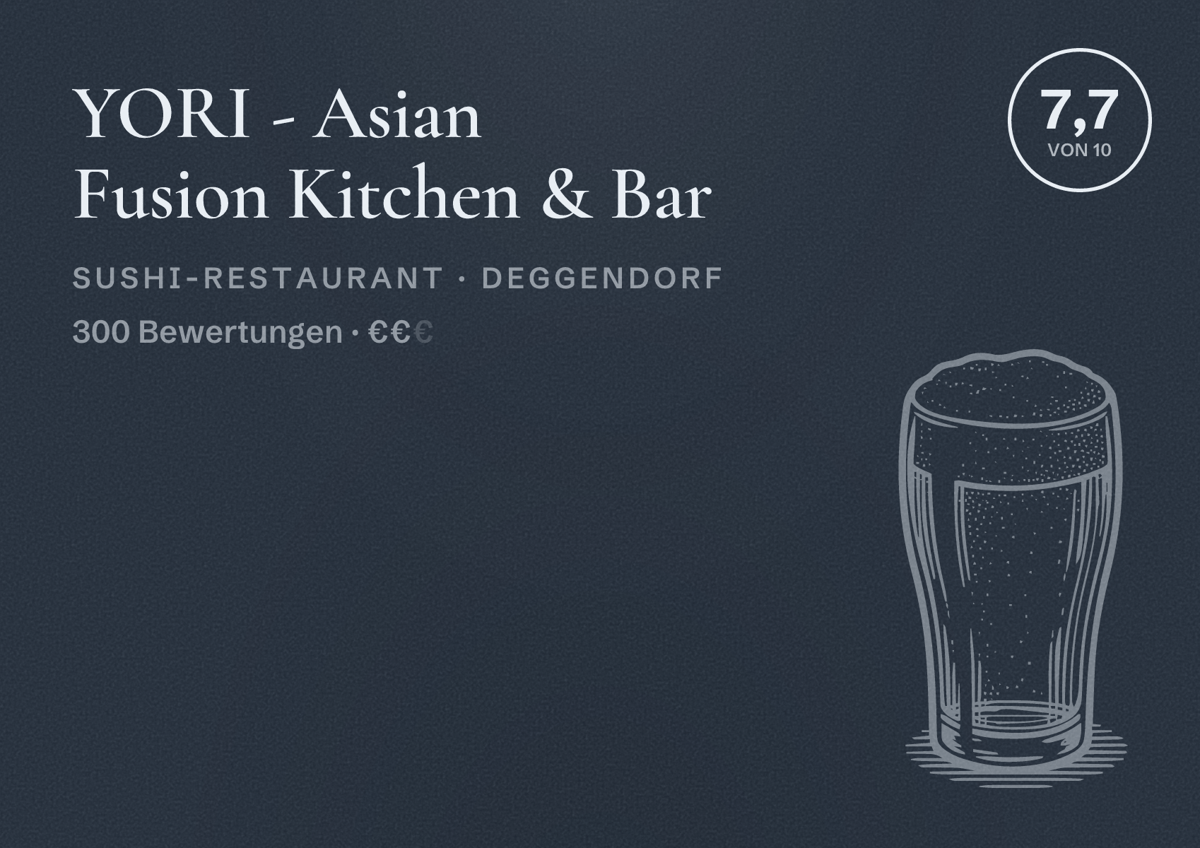 Illustriertes Poster von YORI - Asian Fusion Kitchen & Bar, Sushi-Restaurant in Deggendorf: Bewertung 7,7 von 10 aus 300 Bewertungen, Preisniveau €€