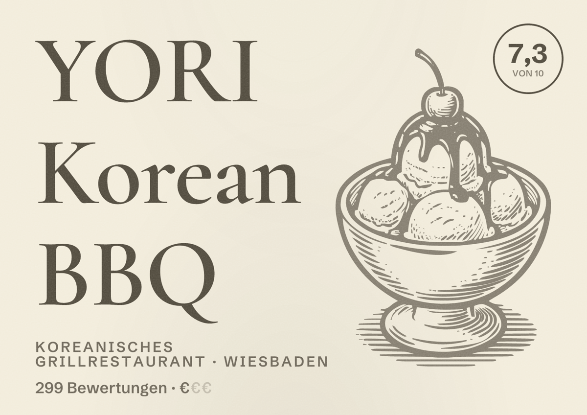 Illustriertes Poster von YORI Korean BBQ, Koreanisches Grillrestaurant in Wiesbaden: Bewertung 7,3 von 10 aus 299 Bewertungen, Preisniveau €