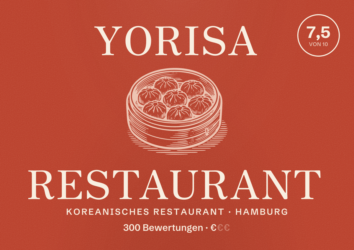 Illustriertes Poster von Yorisa Restaurant, Koreanisches Restaurant in Hamburg: Bewertung 7,5 von 10 aus 300 Bewertungen, Preisniveau €