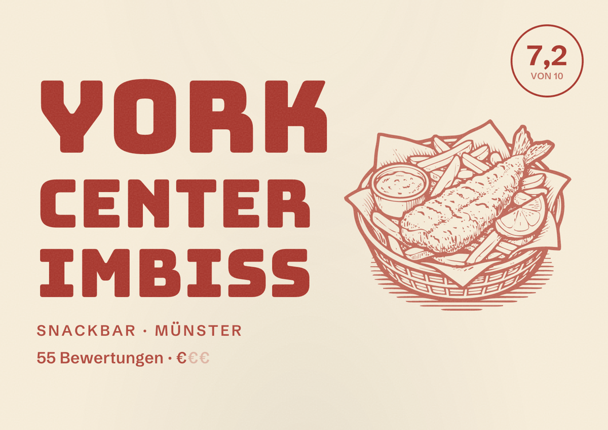 Illustriertes Poster von York Center Imbiss, Snackbar in Münster: Bewertung 7,2 von 10 aus 55 Bewertungen, Preisniveau €