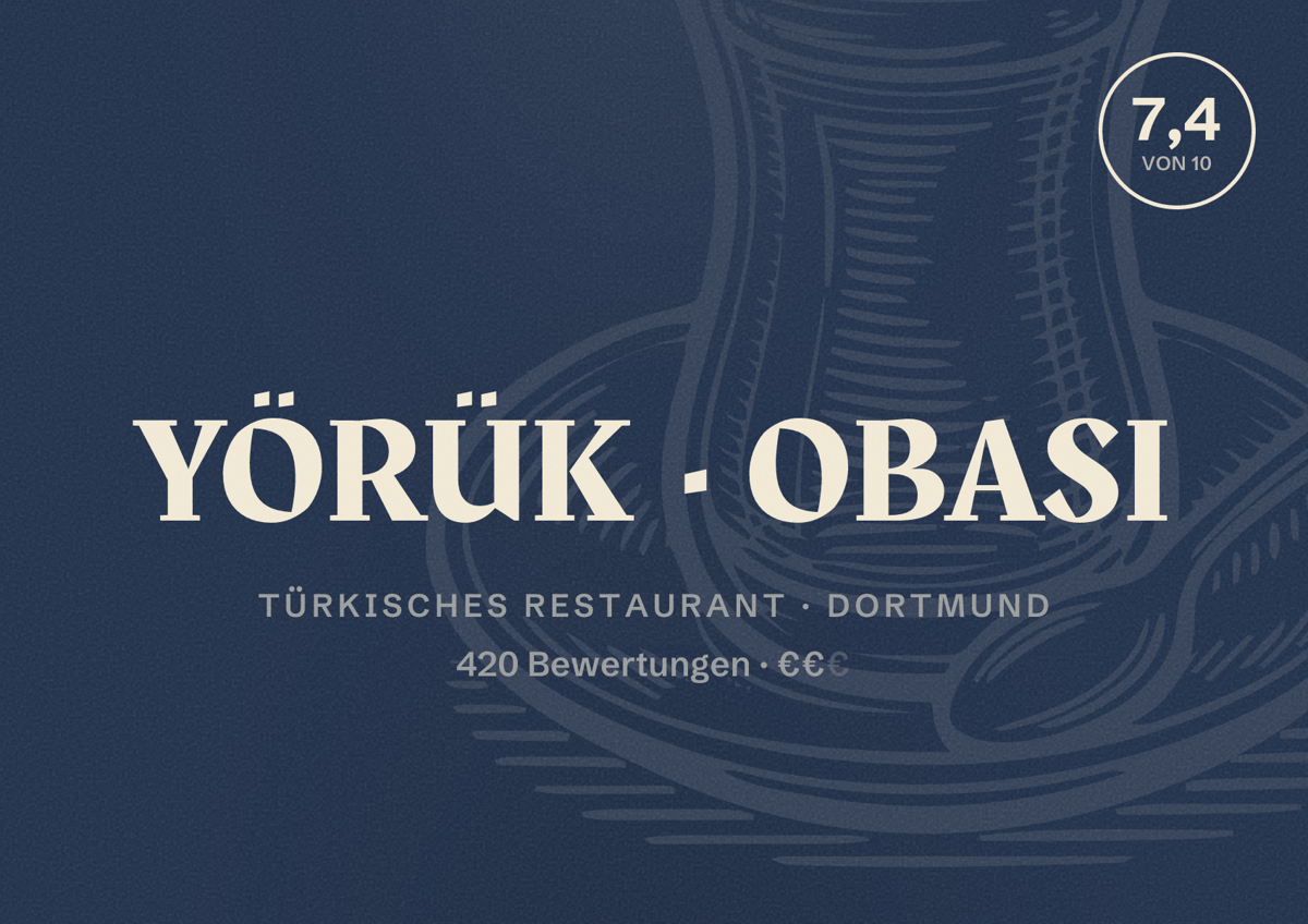 Illustriertes Poster von YÖRÜK OBASI, Türkisches Restaurant in Dortmund: Bewertung 7,4 von 10 aus 420 Bewertungen, Preisniveau €€