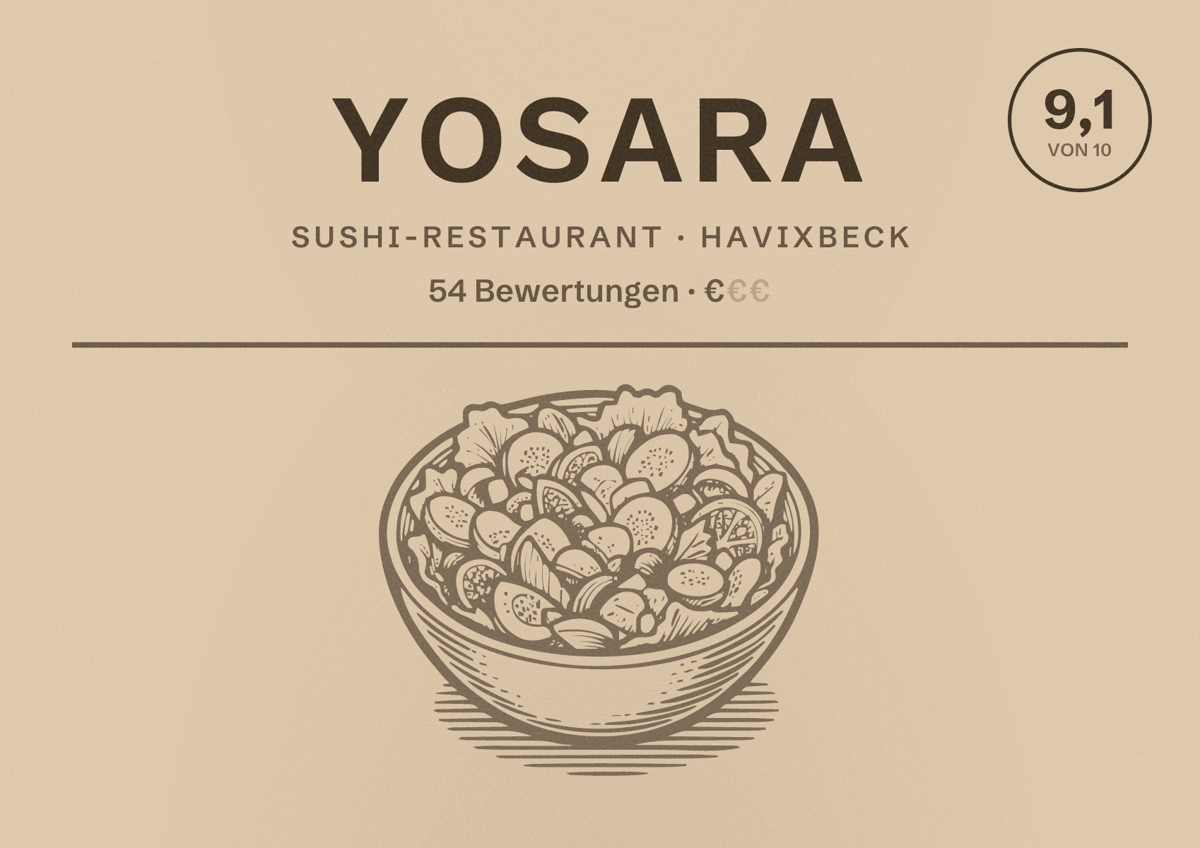 Illustriertes Poster von Yosara, Sushi-Restaurant in Havixbeck: Bewertung 9,1 von 10 aus 54 Bewertungen, Preisniveau €