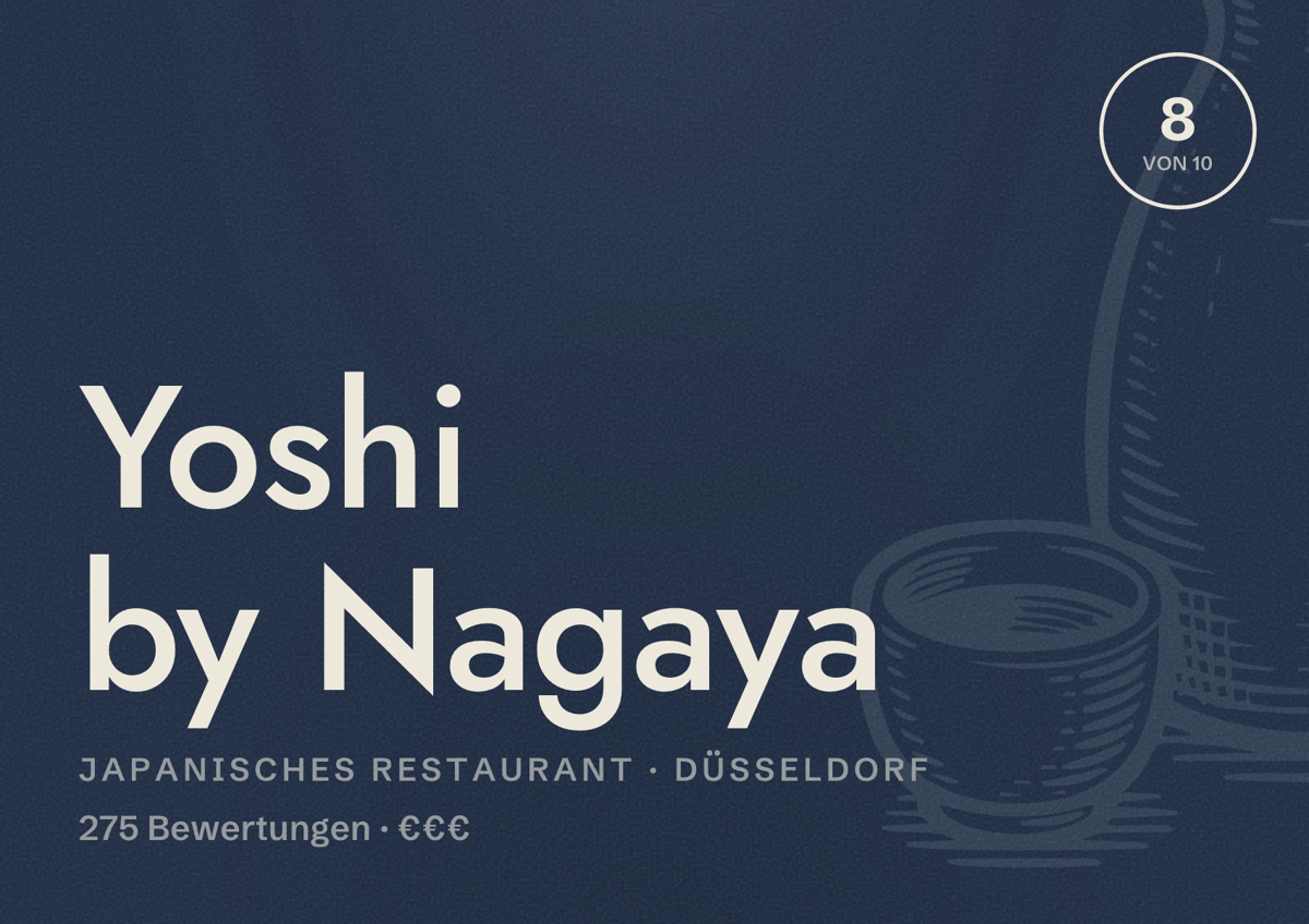 Illustriertes Poster von Yoshi by Nagaya, Japanisches Restaurant in Düsseldorf: Bewertung 8,0 von 10 aus 275 Bewertungen, Preisniveau €€€
