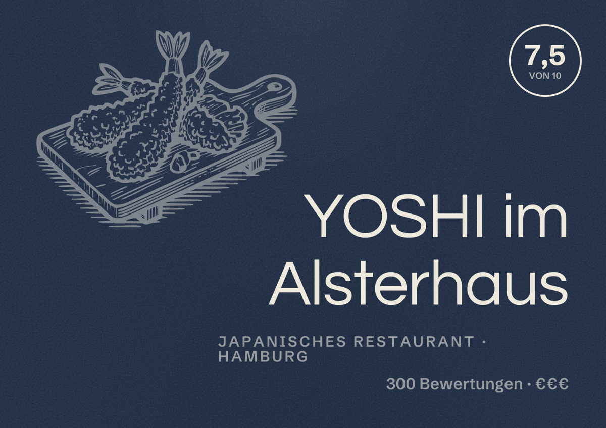Illustriertes Poster von YOSHI im Alsterhaus, Japanisches Restaurant in Hamburg: Bewertung 7,5 von 10 aus 300 Bewertungen, Preisniveau €€€