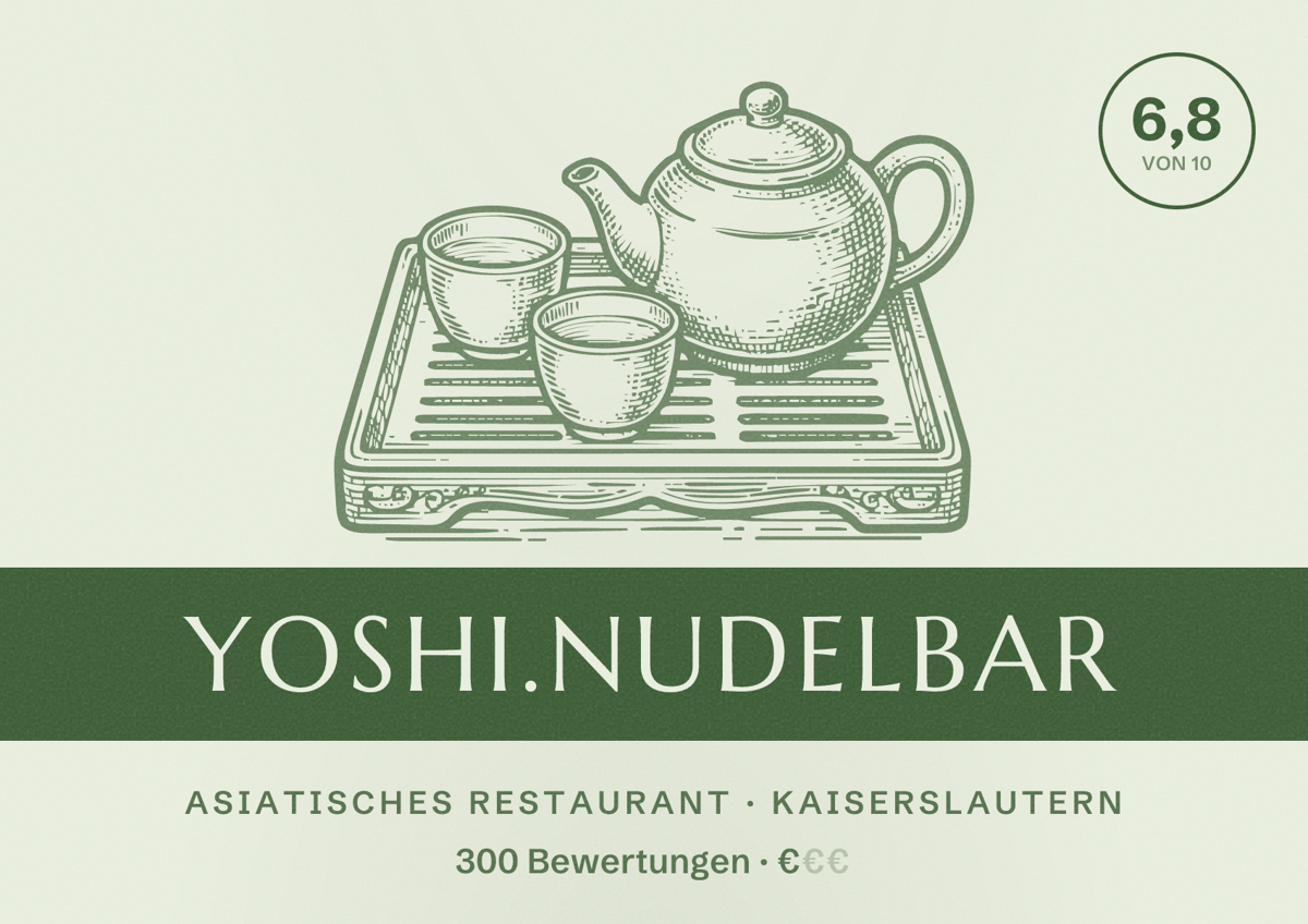 Illustriertes Poster von Yoshi.Nudelbar, Asiatisches Restaurant in Kaiserslautern: Bewertung 6,8 von 10 aus 300 Bewertungen, Preisniveau €