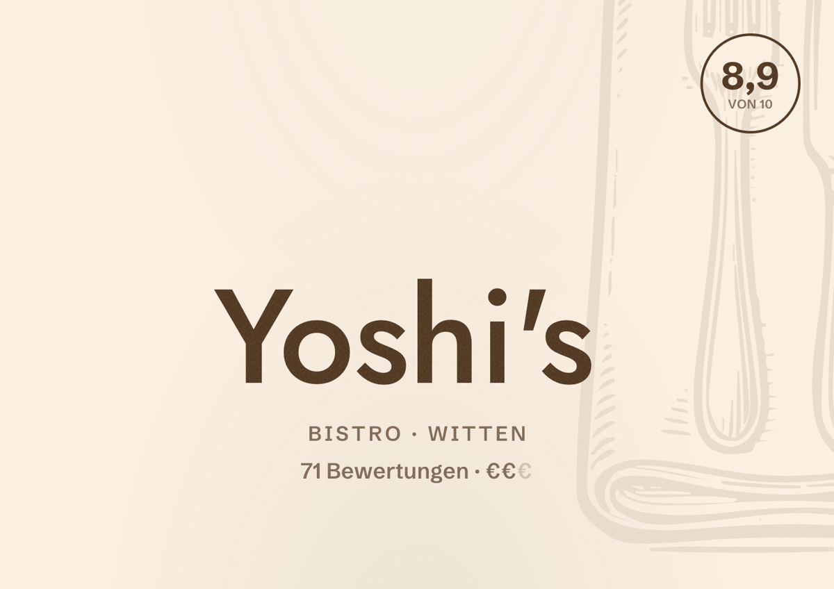 Illustriertes Poster von Yoshi's, Bistro in Witten: Bewertung 8,9 von 10 aus 71 Bewertungen, Preisniveau €€