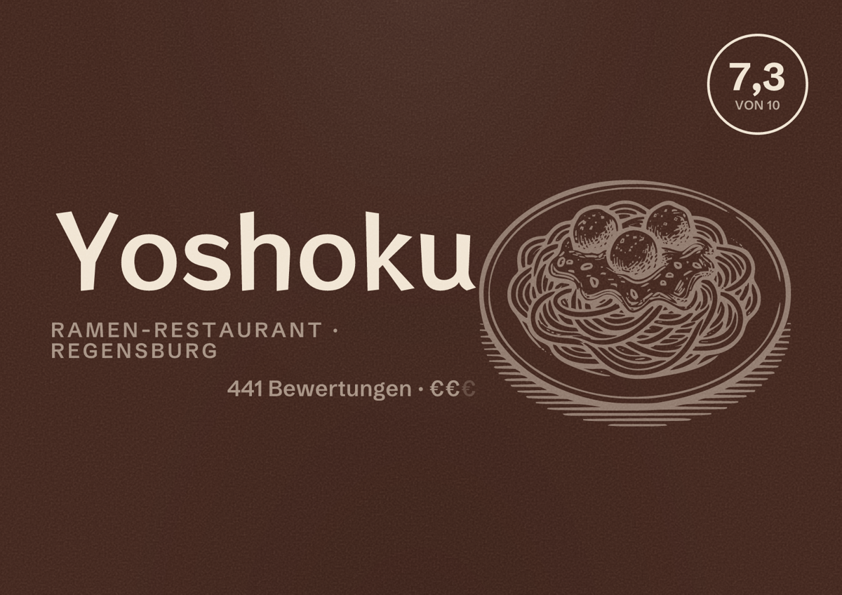 Illustriertes Poster von Yoshoku, Ramen-Restaurant in Regensburg: Bewertung 7,3 von 10 aus 441 Bewertungen, Preisniveau €€
