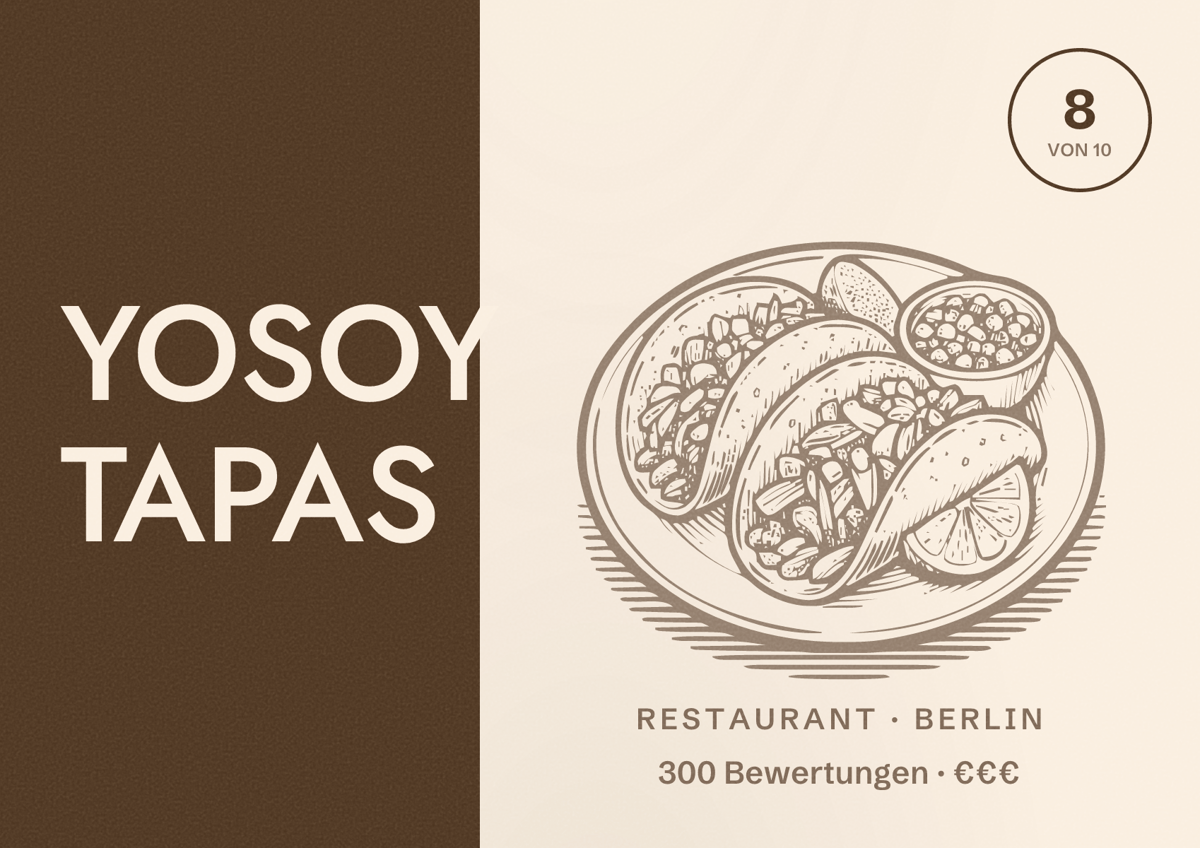 Illustriertes Poster von YOSOY TAPAS, Restaurant in Berlin: Bewertung 8 von 10 aus 300 Bewertungen, Preisniveau €€€
