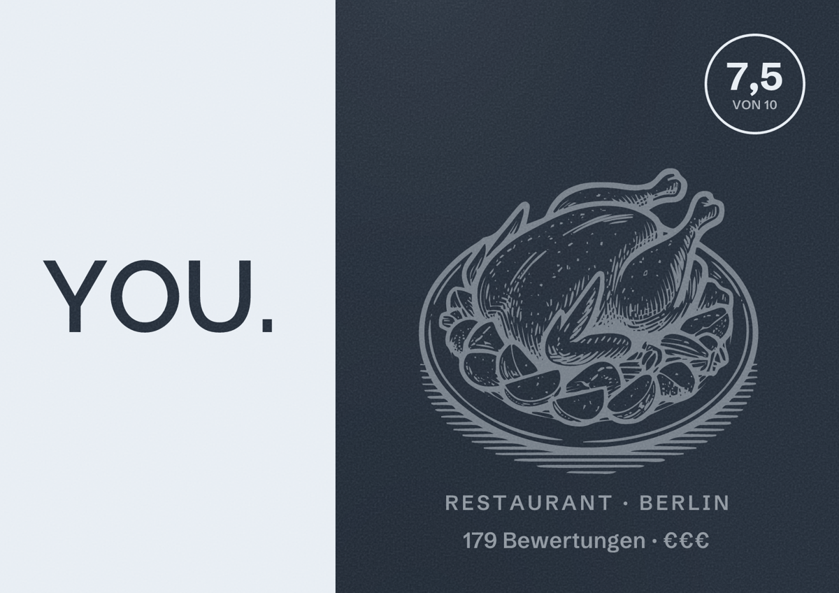 Illustriertes Poster von YOU., Restaurant in Berlin: Bewertung 7,5 von 10 aus 179 Bewertungen, Preisniveau €€€