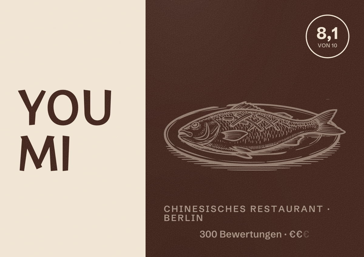 Illustriertes Poster von YOU MI, Chinesisches Restaurant in Berlin: Bewertung 8,1 von 10 aus 300 Bewertungen, Preisniveau €€
