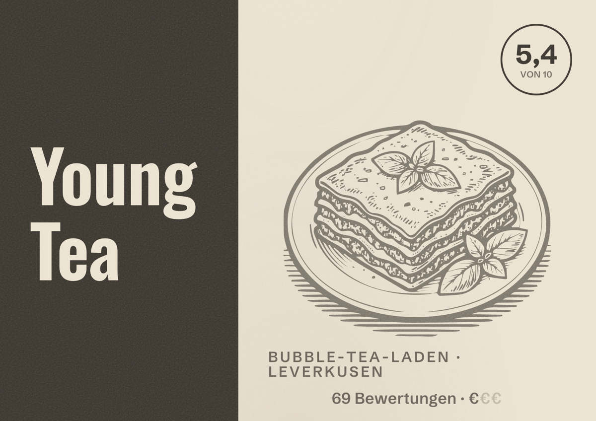 Illustriertes Poster von Young Tea, Bubble-Tea-Laden in Leverkusen: Bewertung 5,4 von 10 aus 69 Bewertungen, Preisniveau €
