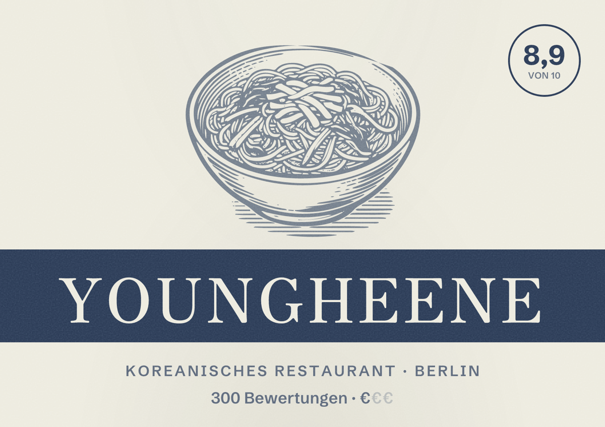 Illustriertes Poster von youngheene, Koreanisches Restaurant in Berlin: Bewertung 8,9 von 10 aus 300 Bewertungen, Preisniveau €