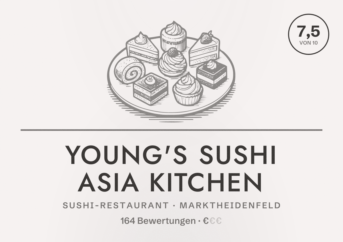 Illustriertes Poster von Young's Sushi Asia kitchen, Sushi-Restaurant in Marktheidenfeld: Bewertung 7,5 von 10 aus 164 Bewertungen, Preisniveau €
