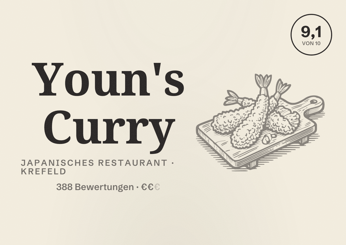 Illustriertes Poster von Youn's Curry, Japanisches Restaurant in Krefeld: Bewertung 9,1 von 10 aus 388 Bewertungen, Preisniveau €€