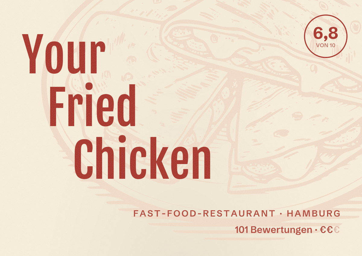 Illustriertes Poster von Your Fried Chicken, Fast-Food-Restaurant in Hamburg: Bewertung 6,8 von 10 aus 101 Bewertungen, Preisniveau €€