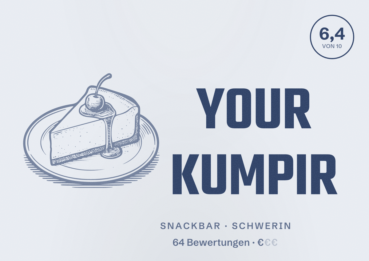 Illustriertes Poster von YOUR KUMPIR, Snackbar in Schwerin: Bewertung 6,4 von 10 aus 64 Bewertungen, Preisniveau €