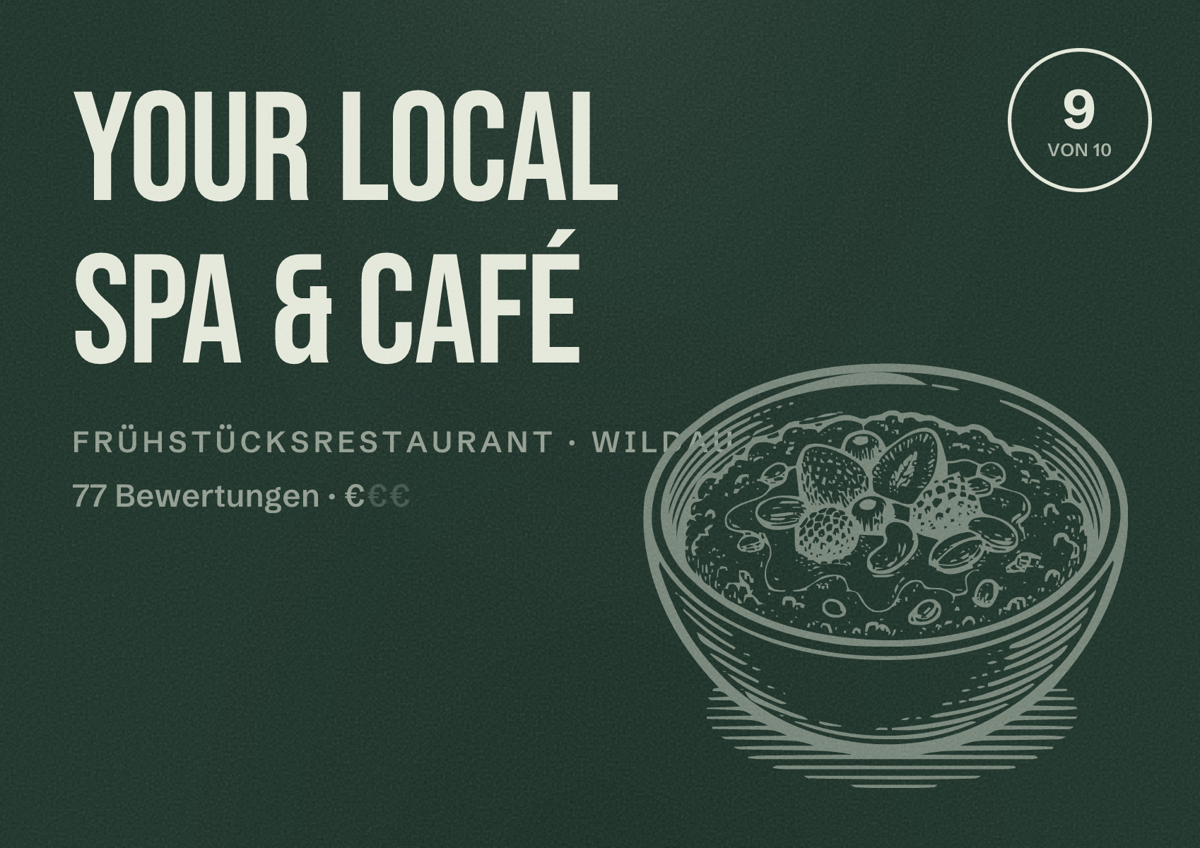Illustriertes Poster von Your Local Spa & Café, Frühstücksrestaurant in Wildau: Bewertung 9 von 10 aus 77 Bewertungen, Preisniveau €