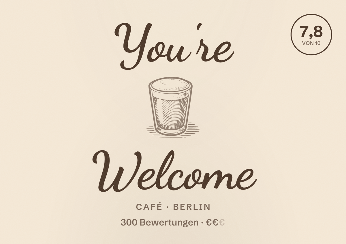 Illustriertes Poster von You're Welcome, Café in Berlin: Bewertung 7,8 von 10 aus 300 Bewertungen, Preisniveau €€