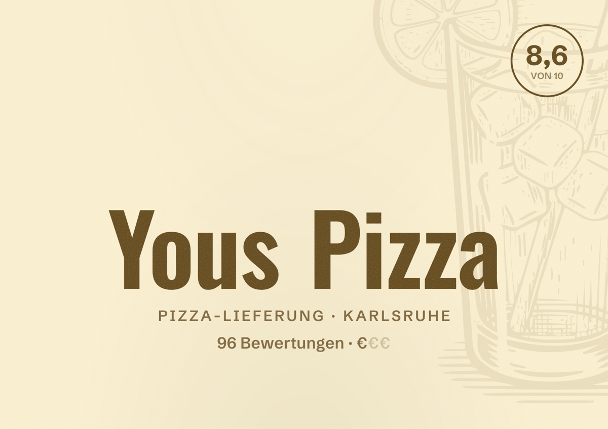 Illustriertes Poster von Yous Pizza, Pizza-Lieferung in Karlsruhe: Bewertung 8,6 von 10 aus 96 Bewertungen, Preisniveau €