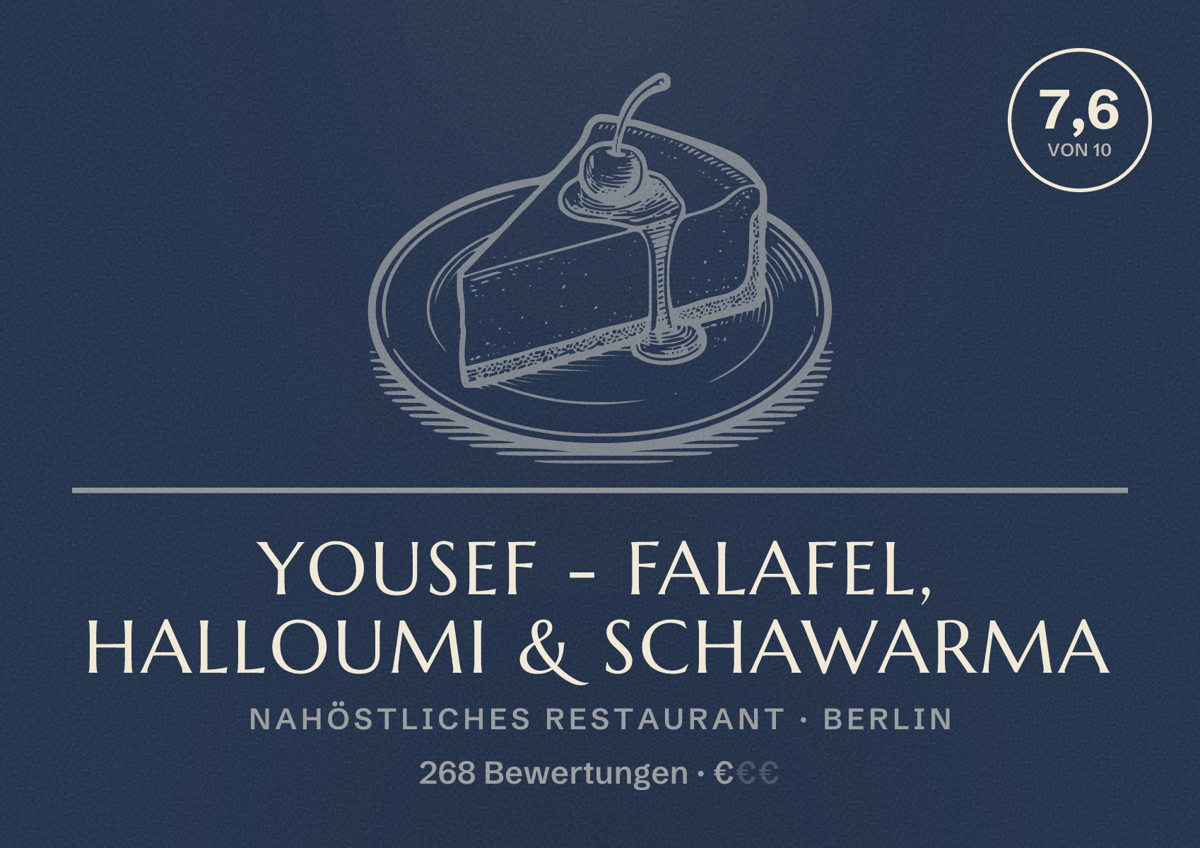 Illustriertes Poster von Yousef - Falafel, Halloumi & Schawarma, Nahöstliches Restaurant in Berlin: Bewertung 7,6 von 10 aus 268 Bewertungen, Preisniveau €