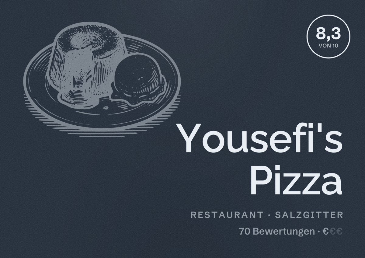 Illustriertes Poster von Yousefi's Pizza, Restaurant in Salzgitter: Bewertung 8,3 von 10 aus 70 Bewertungen, Preisniveau €