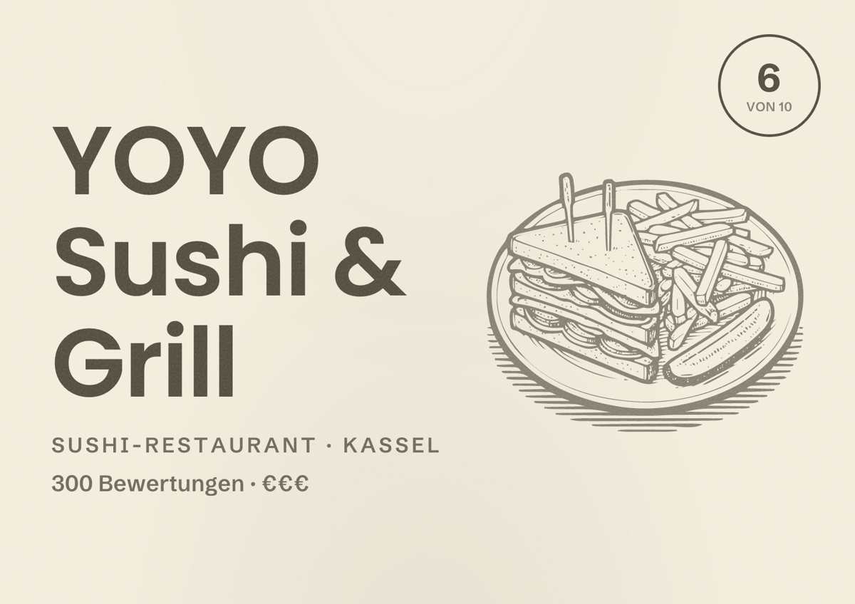 Illustriertes Poster von YOYO Sushi & Grill, Sushi-Restaurant in Kassel: Bewertung 6 von 10 aus 300 Bewertungen, Preisniveau €€€
