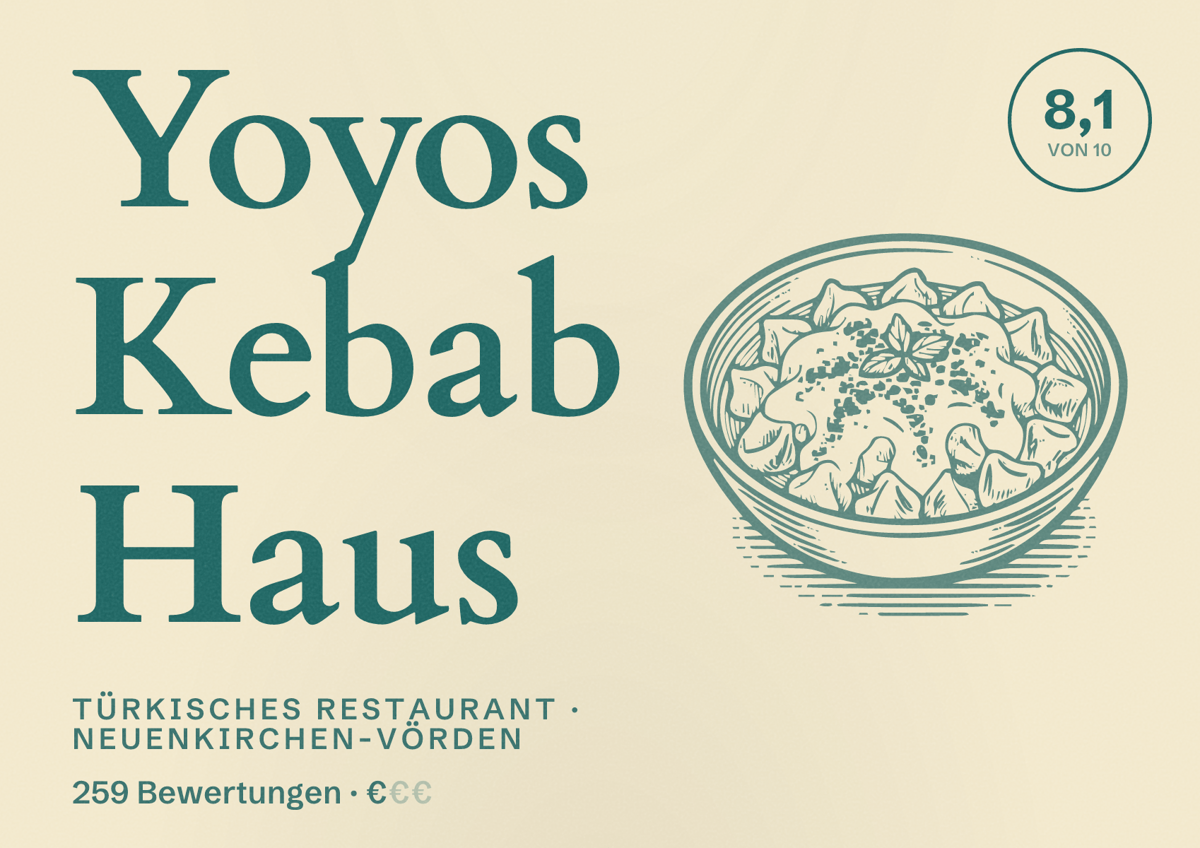 Illustriertes Poster von Yoyos Kebab Haus, Türkisches Restaurant in Neuenkirchen-Vörden: Bewertung 8,1 von 10 aus 259 Bewertungen, Preisniveau €