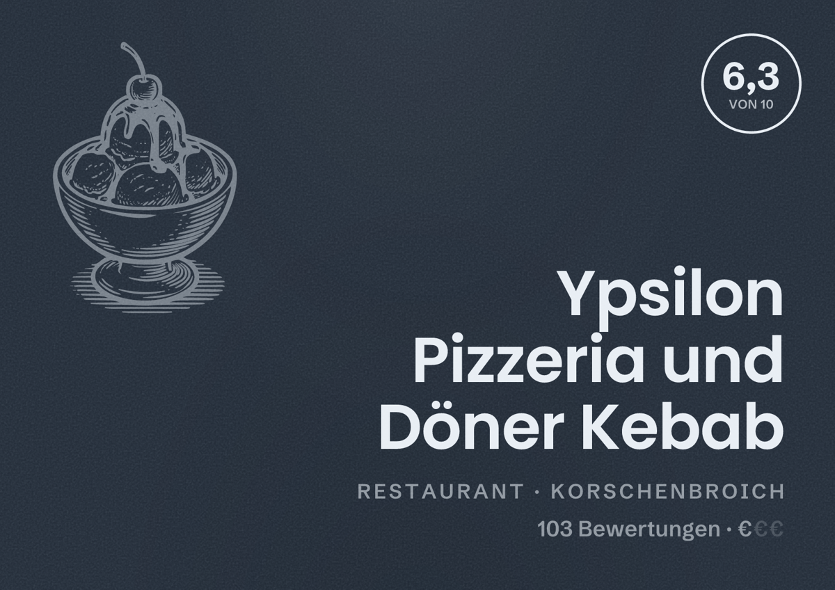 Illustriertes Poster von Ypsilon Pizzeria und Döner Kebab, Restaurant in Korschenbroich: Bewertung 6,3 von 10 aus 103 Bewertungen, Preisniveau €