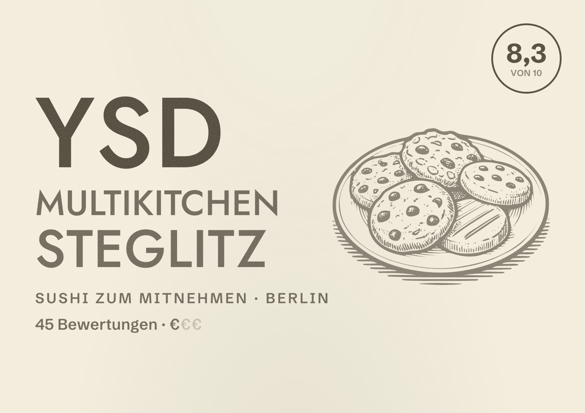 Illustriertes Poster von YSD Multikitchen Steglitz, Sushi zum Mitnehmen in Berlin: Bewertung 8,3 von 10 aus 45 Bewertungen, Preisniveau €