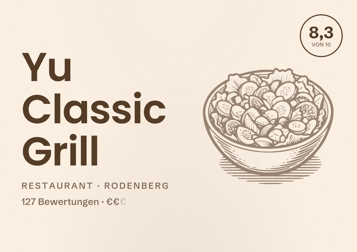 Illustriertes Poster von Yu Classic Grill, Restaurant in Rodenberg: Bewertung 8,3 von 10 aus 127 Bewertungen, Preisniveau €€