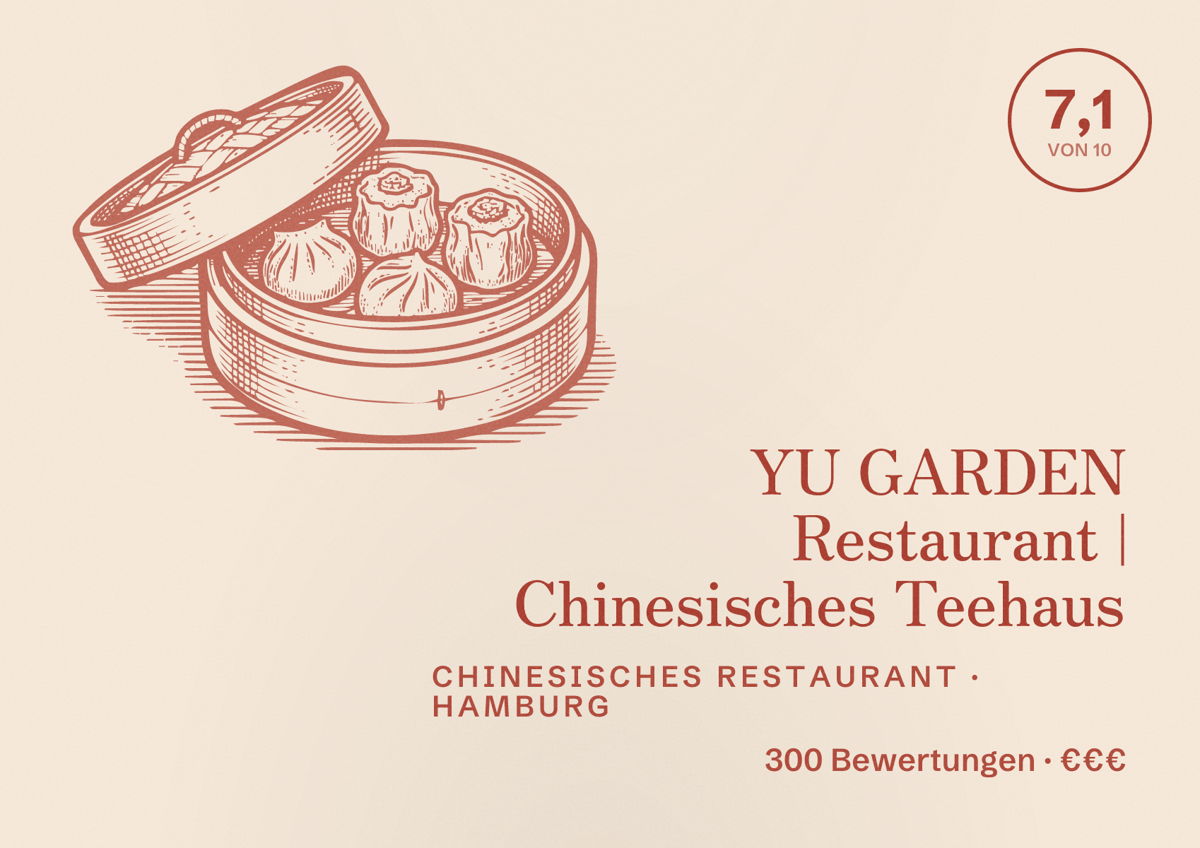 Illustriertes Poster von YU GARDEN Restaurant | Chinesisches Teehaus, Chinesisches Restaurant in Hamburg: Bewertung 7,1 von 10 aus 300 Bewertungen, Preisniveau €€€