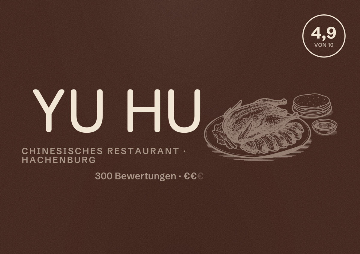 Illustriertes Poster von YU HU, Chinesisches Restaurant in Hachenburg: Bewertung 4,9 von 10 aus 300 Bewertungen, Preisniveau €€