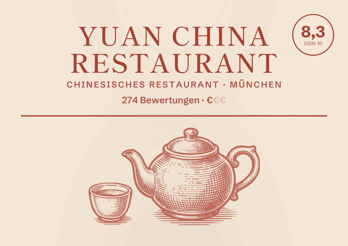 Illustriertes Poster von Yuan China Restaurant, Chinesisches Restaurant in München: Bewertung 8,3 von 10 aus 274 Bewertungen, Preisniveau €