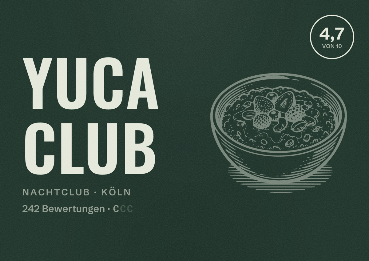 Illustriertes Poster von Yuca Club, Nachtclub in Köln: Bewertung 4,7 von 10 aus 242 Bewertungen, Preisniveau €