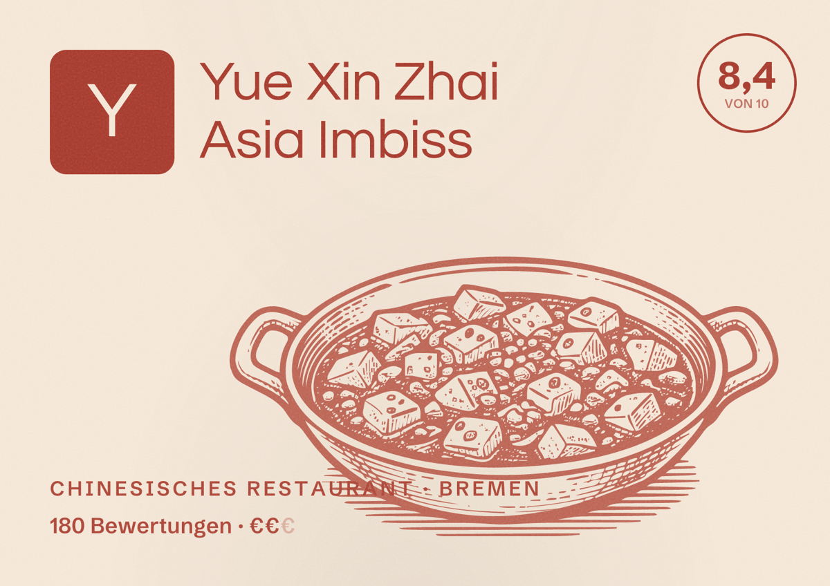 Illustriertes Poster von Yue Xin Zhai Asia Imbiss, Chinesisches Restaurant in Bremen: Bewertung 8,4 von 10 aus 180 Bewertungen, Preisniveau €€