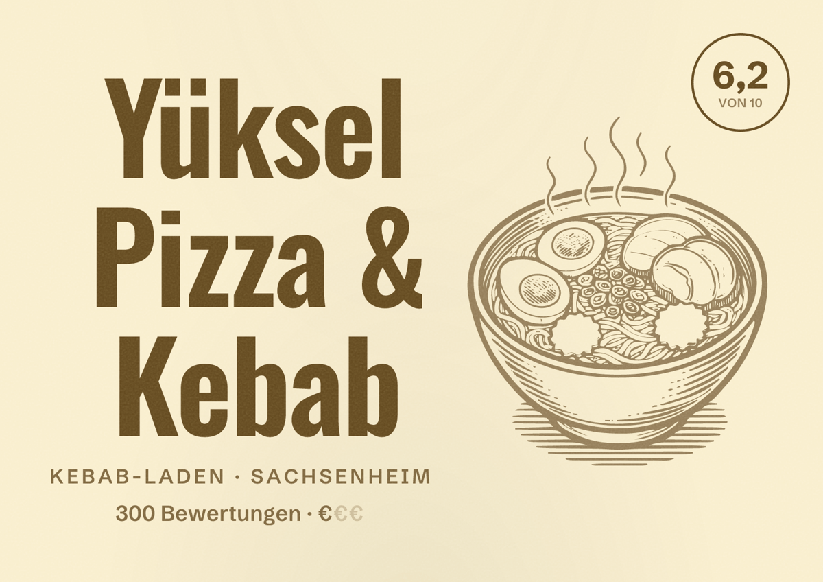 Illustriertes Poster von Yüksel Pizza & Kebab, Kebab-Laden in Sachsenheim: Bewertung 6,2 von 10 aus 300 Bewertungen, Preisniveau €