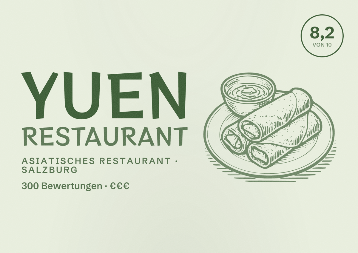 Illustriertes Poster von Yuen Restaurant, Asiatisches Restaurant in Salzburg: Bewertung 8,2 von 10 aus 300 Bewertungen, Preisniveau €€€