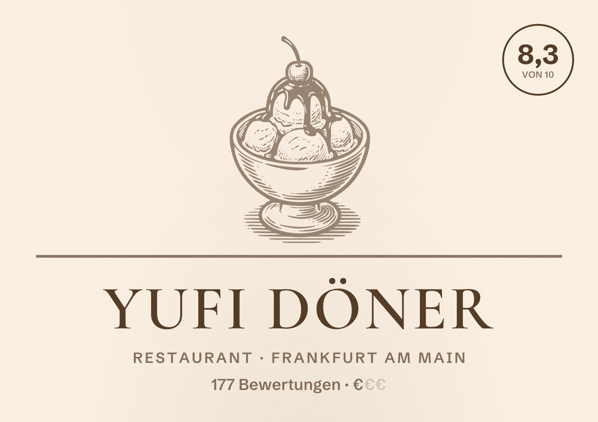 Illustriertes Poster von Yufi Döner, Restaurant in Frankfurt am Main: Bewertung 8,3 von 10 aus 177 Bewertungen, Preisniveau €
