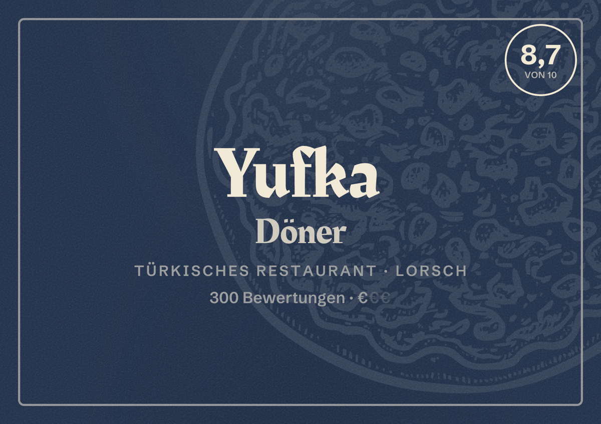 Illustriertes Poster von Yufka Döner, Türkisches Restaurant in Lorsch: Bewertung 8,7 von 10 aus 300 Bewertungen, Preisniveau €