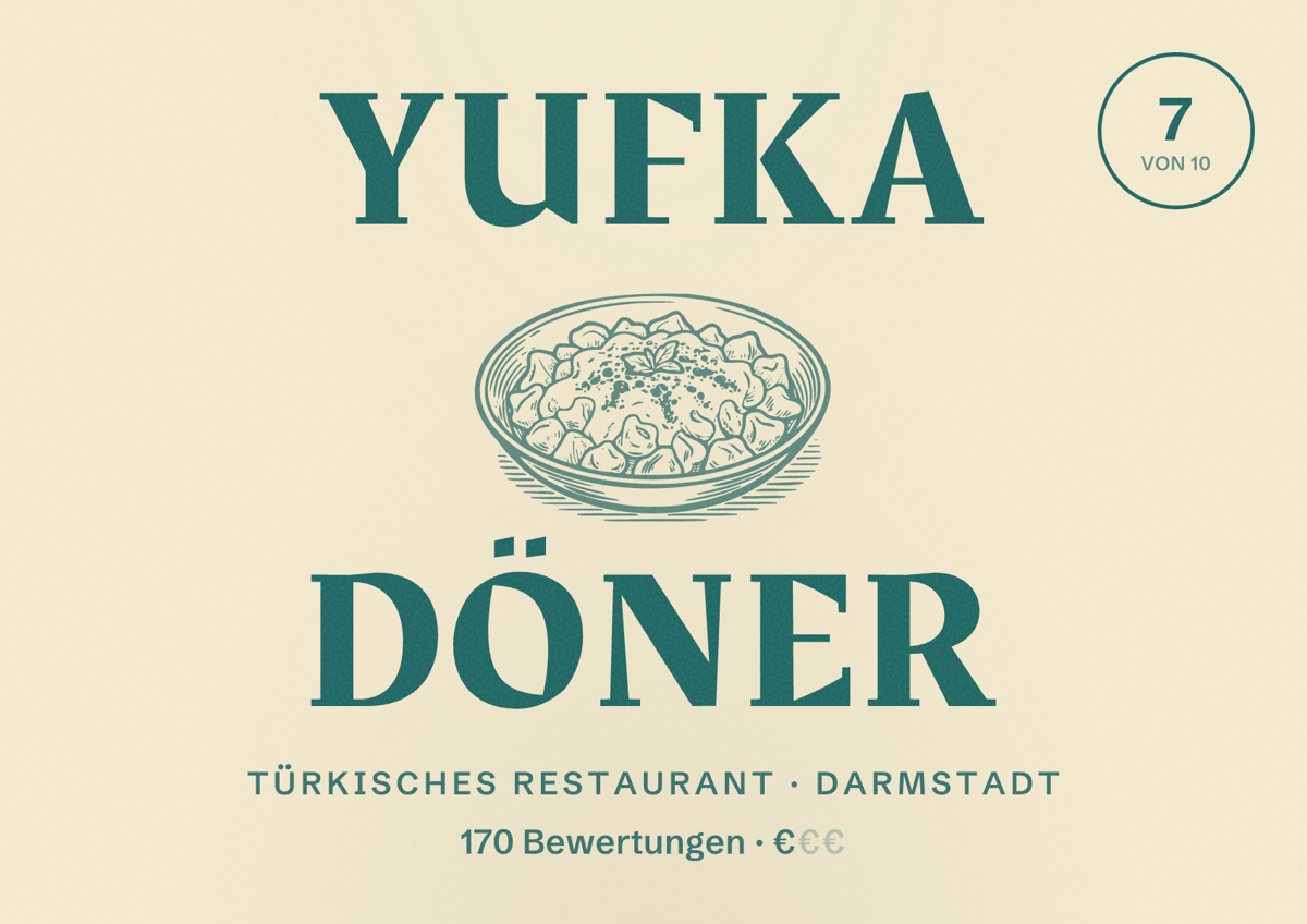 Illustriertes Poster von Yufka Döner, Türkisches Restaurant in Darmstadt: Bewertung 7,0 von 10 aus 170 Bewertungen, Preisniveau €