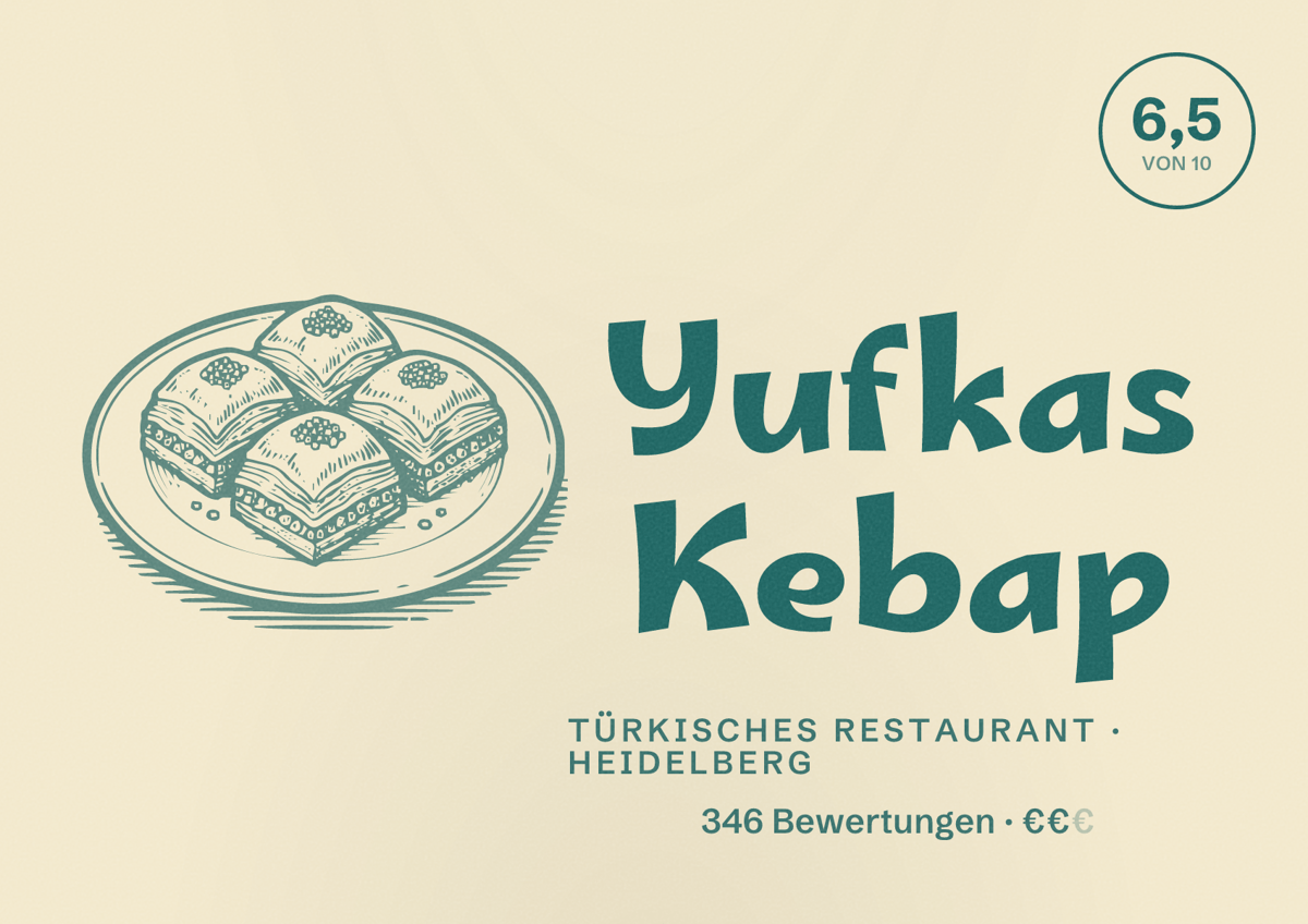 Illustriertes Poster von Yufkas Kebap, Türkisches Restaurant in Heidelberg: Bewertung 6,5 von 10 aus 346 Bewertungen, Preisniveau €€
