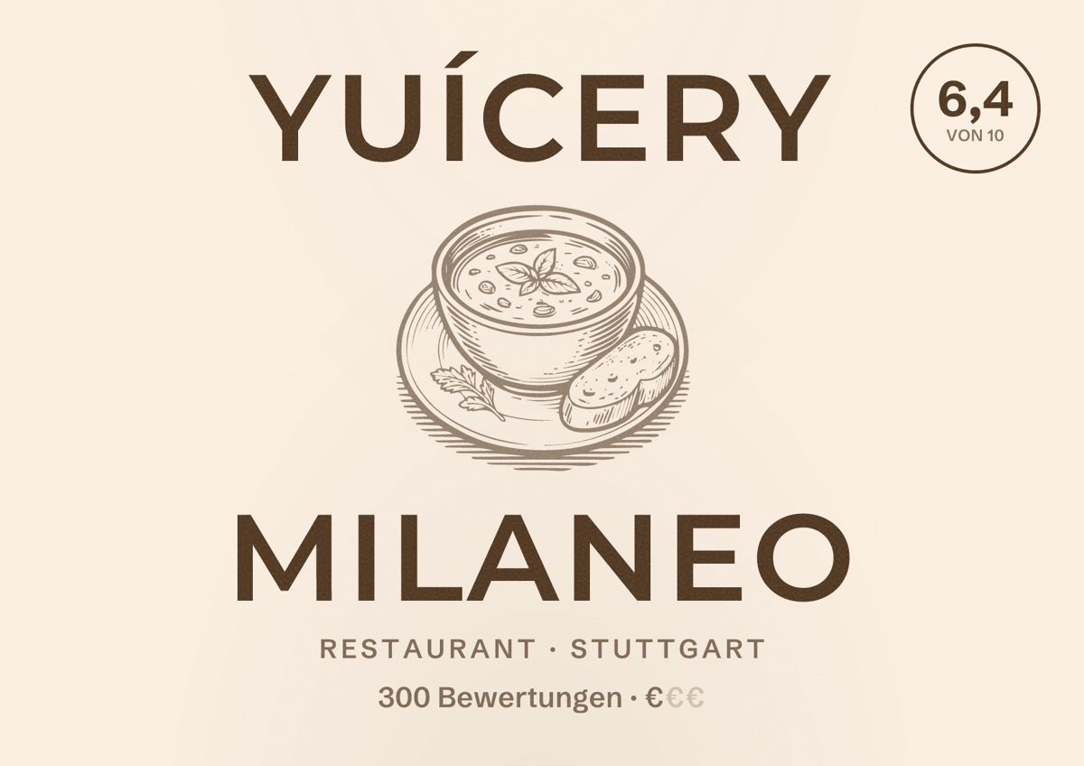 Illustriertes Poster von Yuícery Milaneo, Restaurant in Stuttgart: Bewertung 6,4 von 10 aus 300 Bewertungen, Preisniveau €