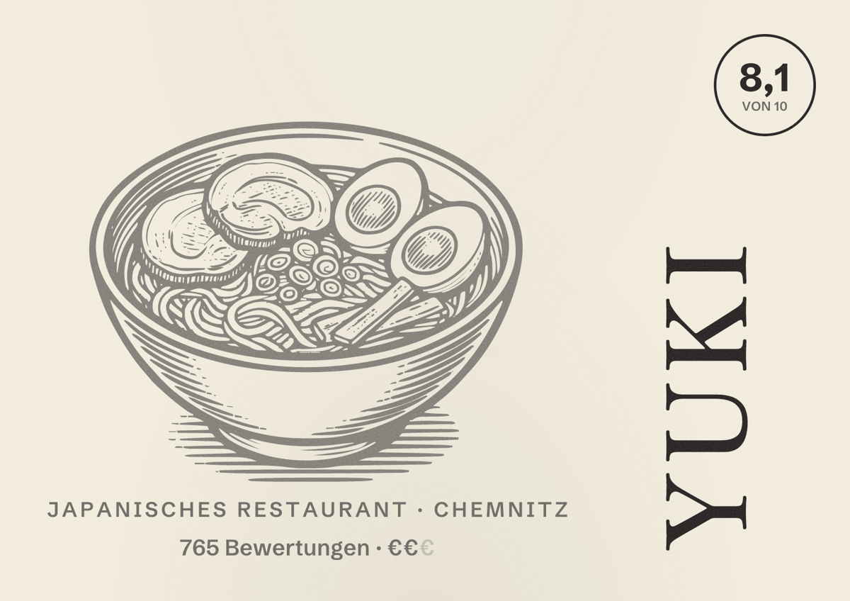 Illustriertes Poster von Yuki, Japanisches Restaurant in Chemnitz: Bewertung 8,1 von 10 aus 765 Bewertungen, Preisniveau €€