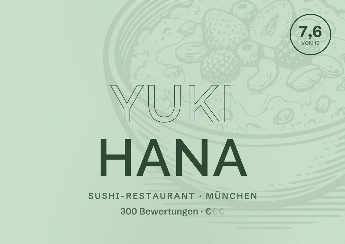Illustriertes Poster von Yuki Hana, Sushi-Restaurant in München: Bewertung 7,6 von 10 aus 300 Bewertungen, Preisniveau €